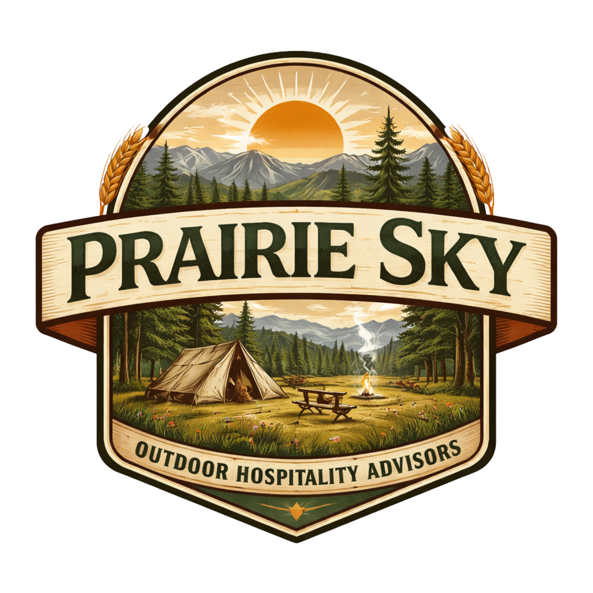 Prairie Sky Outdoor Hospitality Advisors logo with illustrated campsite, pine trees and rising sun.