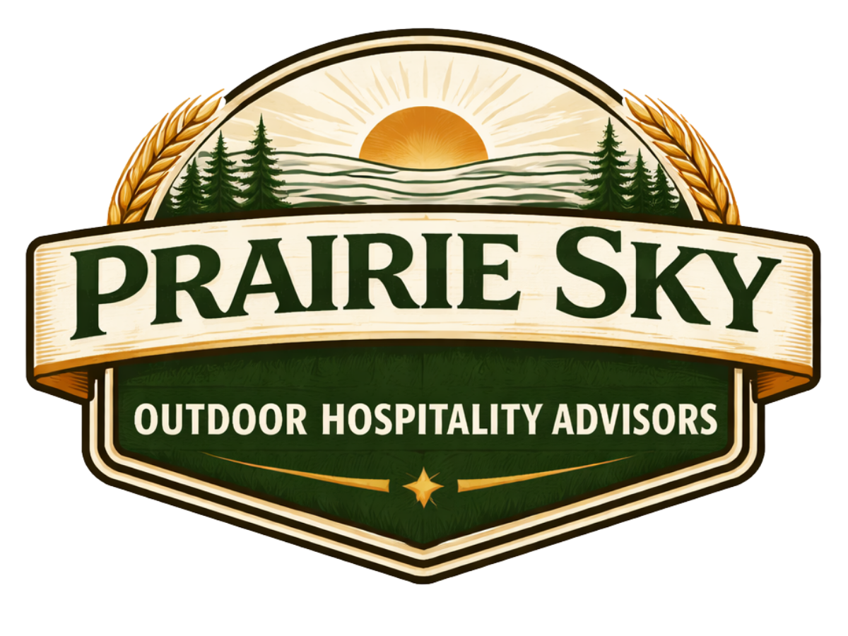 Prairie Sky Outdoor Hospitality Advisors text logo with sun, trees and badge design.