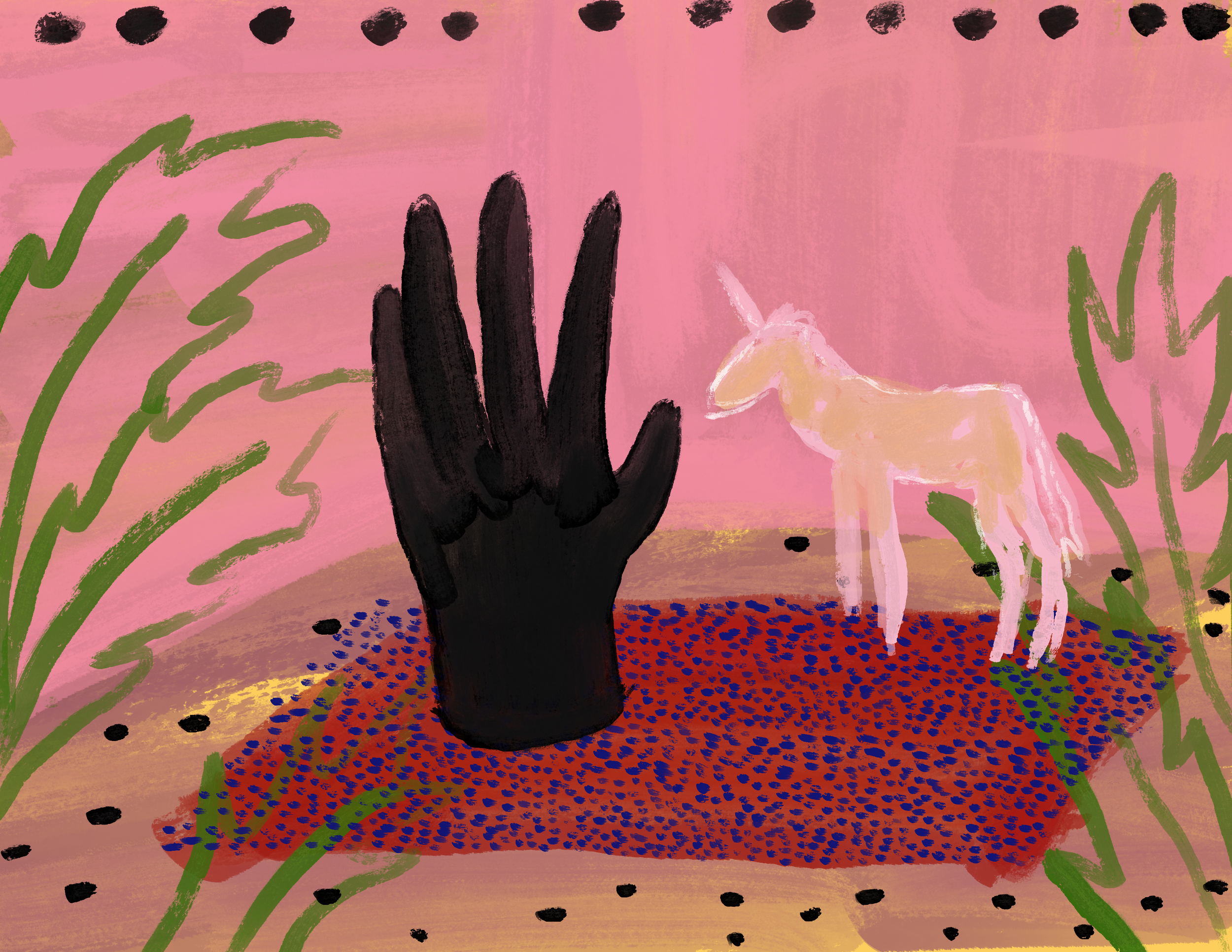 An abstract painting featuring a central black hand, a white unicorn, and green plants on a pink background.