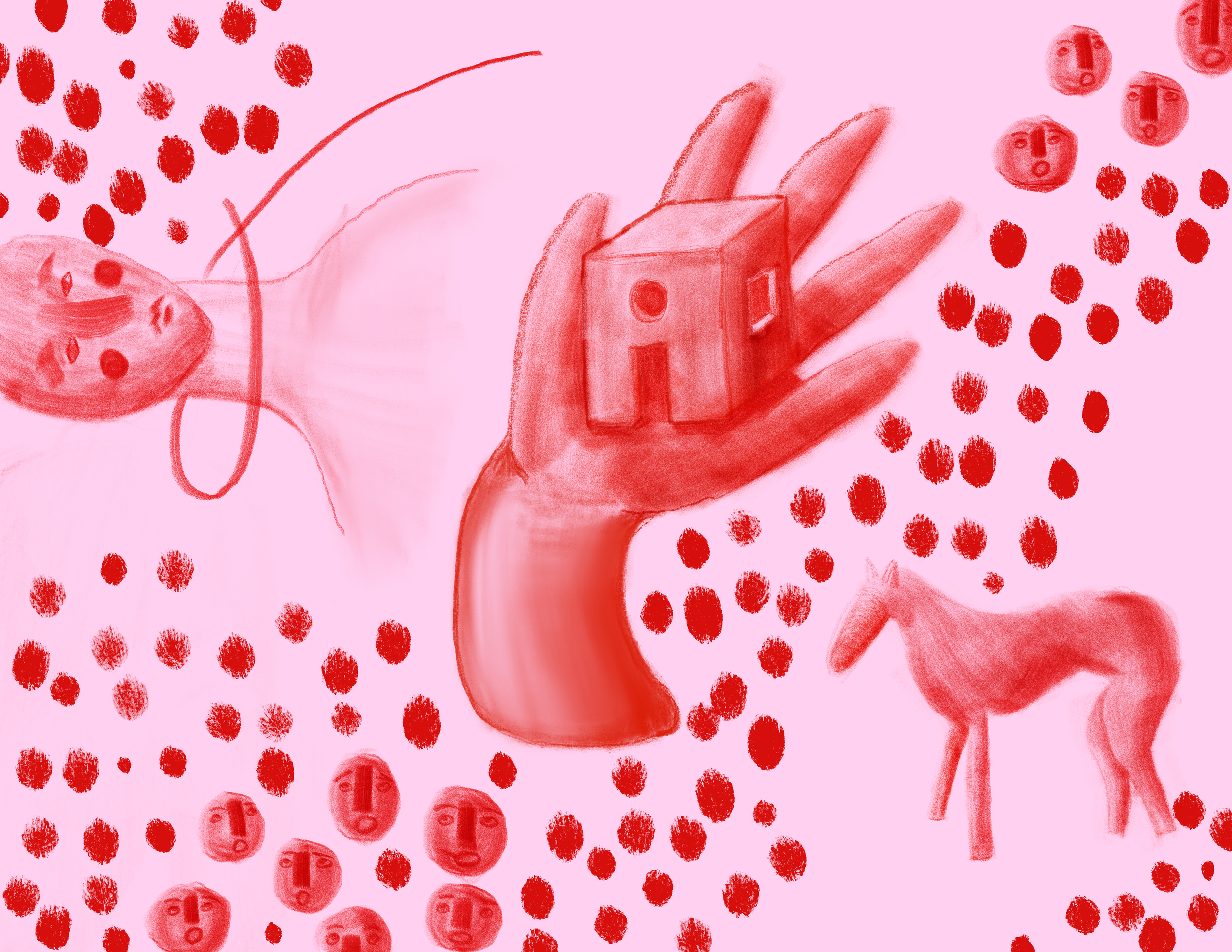 A red and pink digital illustration featuring a hand holding a small house, surrounded by scattered red dot patterns and stylized masks.