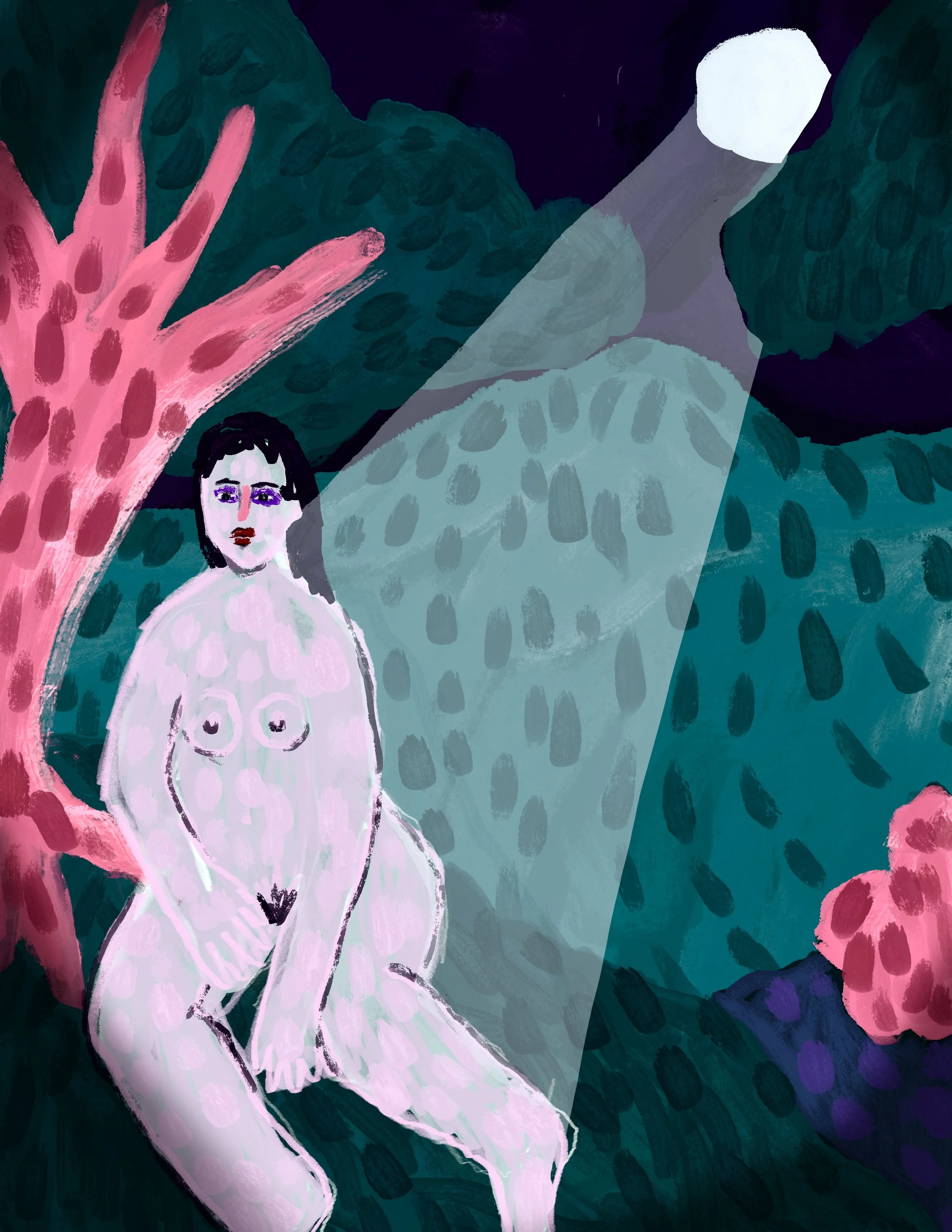 An abstract painting of a figure with dark hair and purple glasses, sitting among large, colorful plant-like shapes with pink, green, and purple hues.