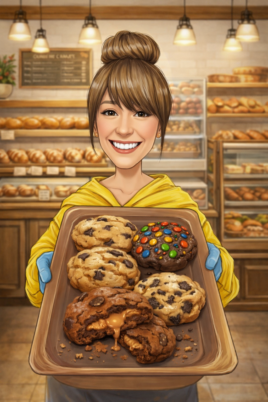A woman smiling and holding a tray of assorted cookies inside a bakery.