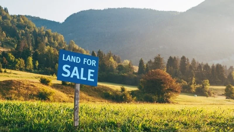 Land for sale sign in front of a scenic background