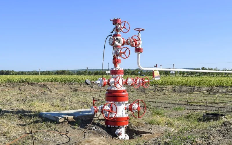 Red and white oil well head