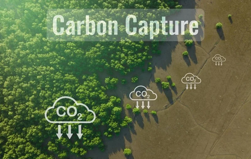 Trees and field behind CO2 clouds and text "Carbon Capture"
