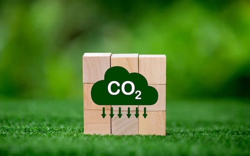 Wooden blocks with CO2 cloud and arrows