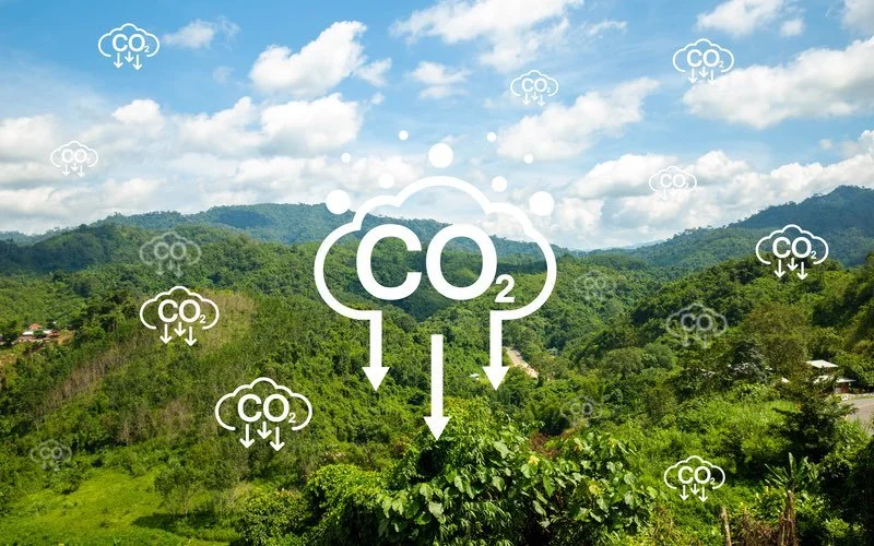 Green landscape with CO2 cloud icons