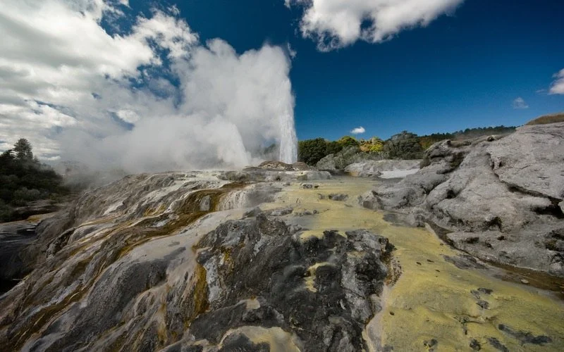 Mountain area with a geothermal geyser