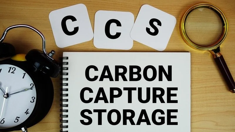 Clock and magnifying glass next to text "CCS" and "Carbon capture storage"