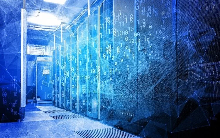 Inside of a data center with zeros and ones