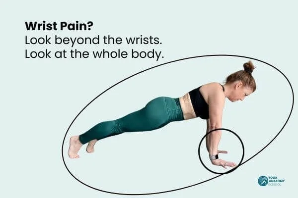 graphic with trish in plank using whole body to avoid wrist pain