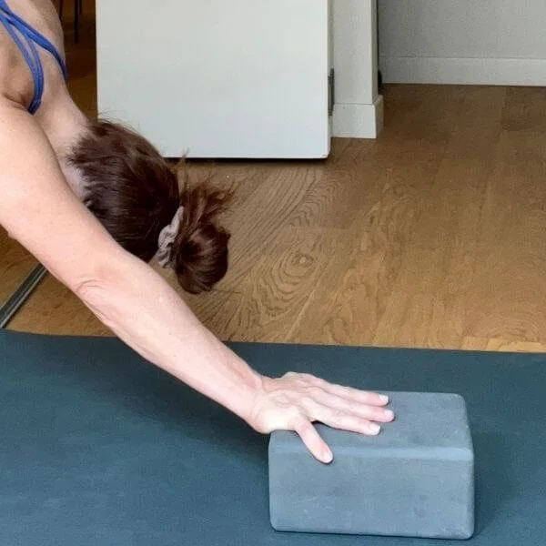hands on a yoga block to prevent wrist pain in downdog