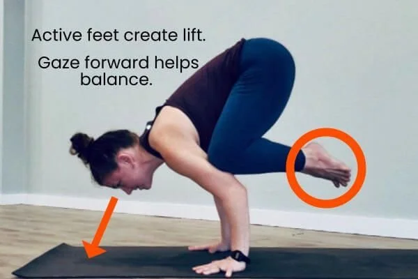 crow posture with the gaze forward and active feet that allow for balance