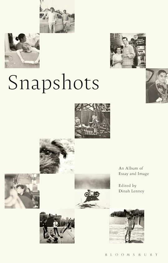 Cover of a photo album titled 'Snapshots' featuring a collage of black and white photographs including people, animals, and objects.
