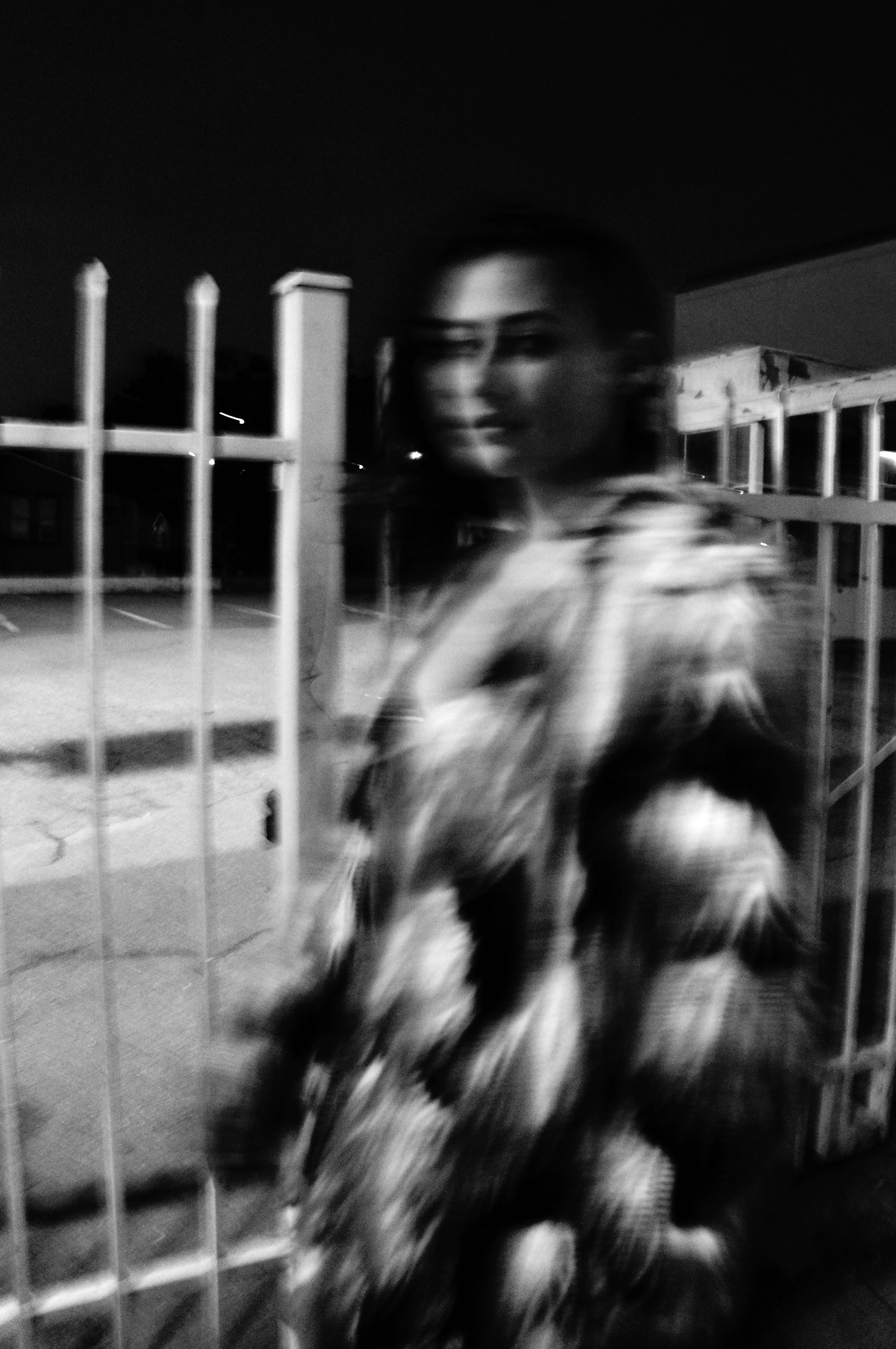 A woman and a dog standing behind a metal fence at night, with the woman smiling and the dog reaching out towards the camera.