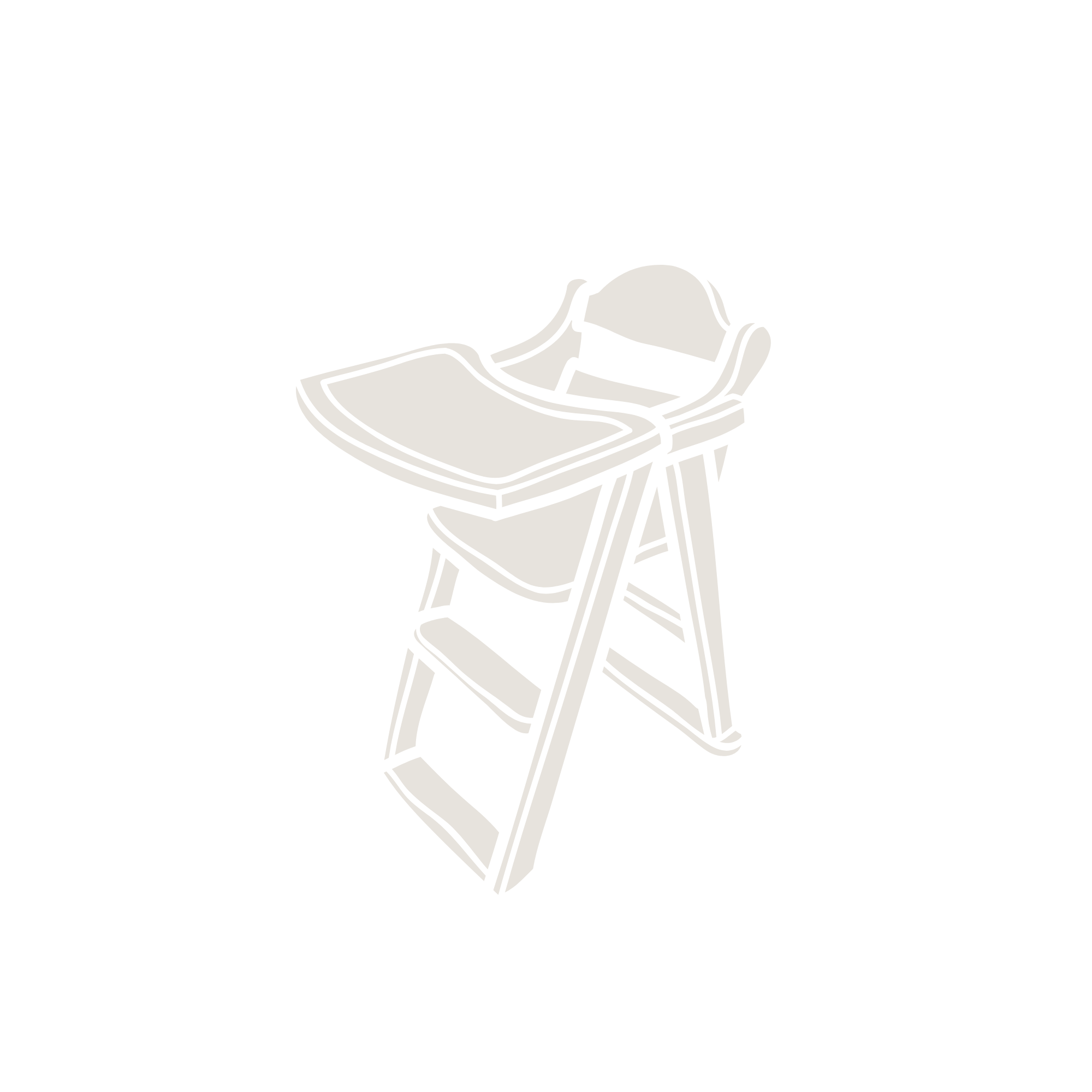 Black and white illustration of a wooden high chair with a safety strap.