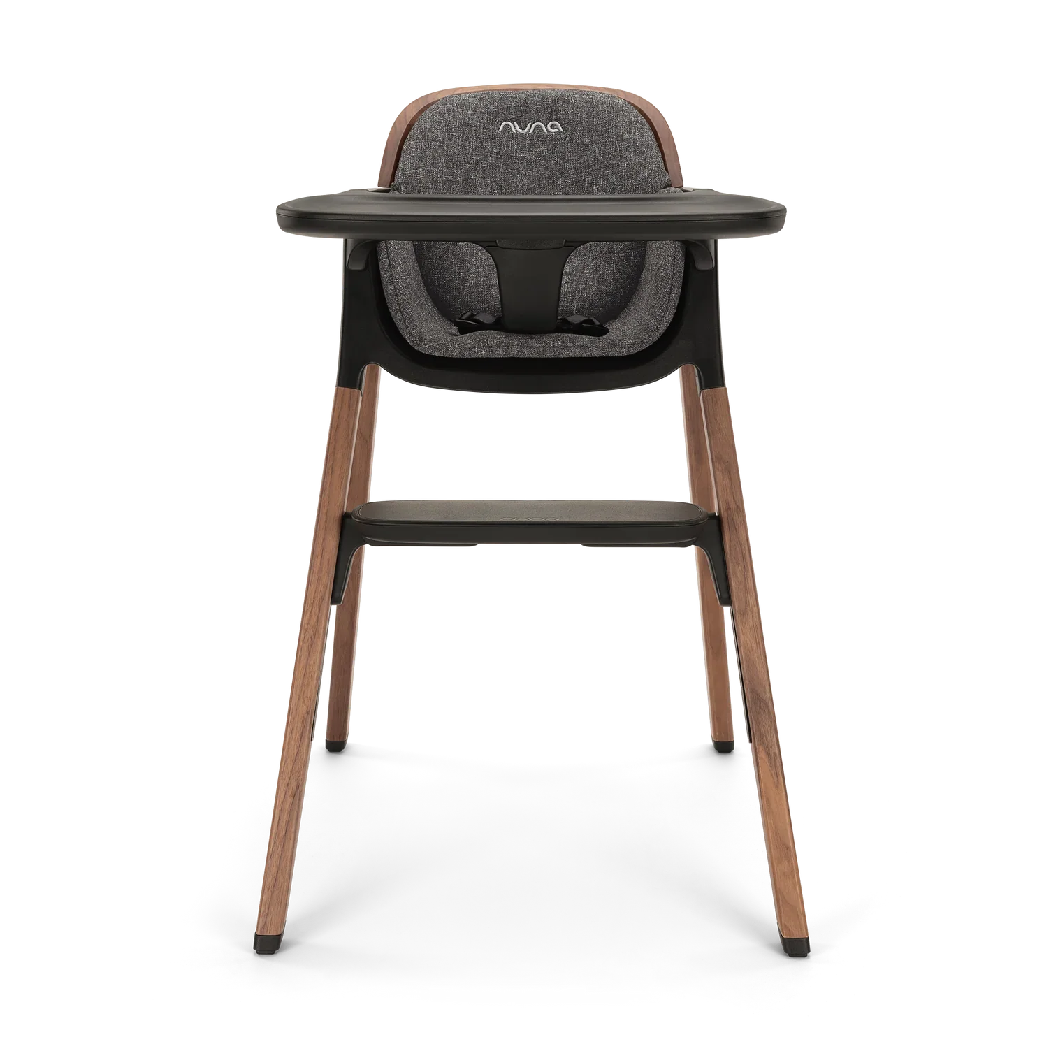A modern high chair with wooden legs, a dark plastic tray, and a cushioned seat with grey fabric and the brand name 'AVINA' on the headrest, designed for feeding infants.