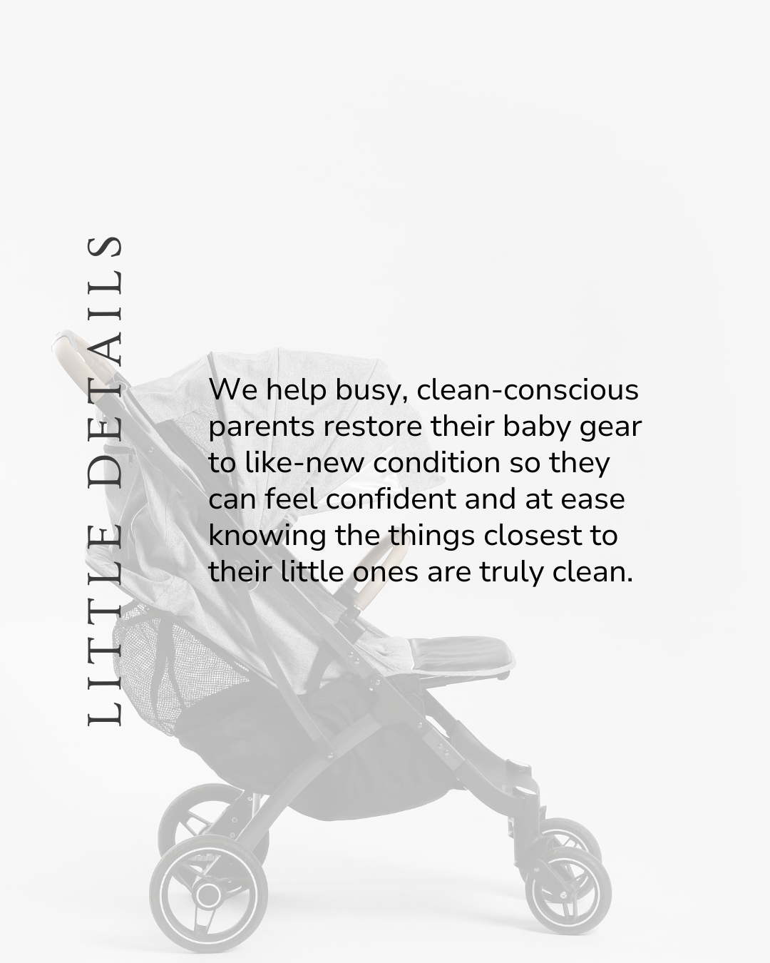Gray baby stroller with a fabric cover, set against a light background, partially obscured by text.