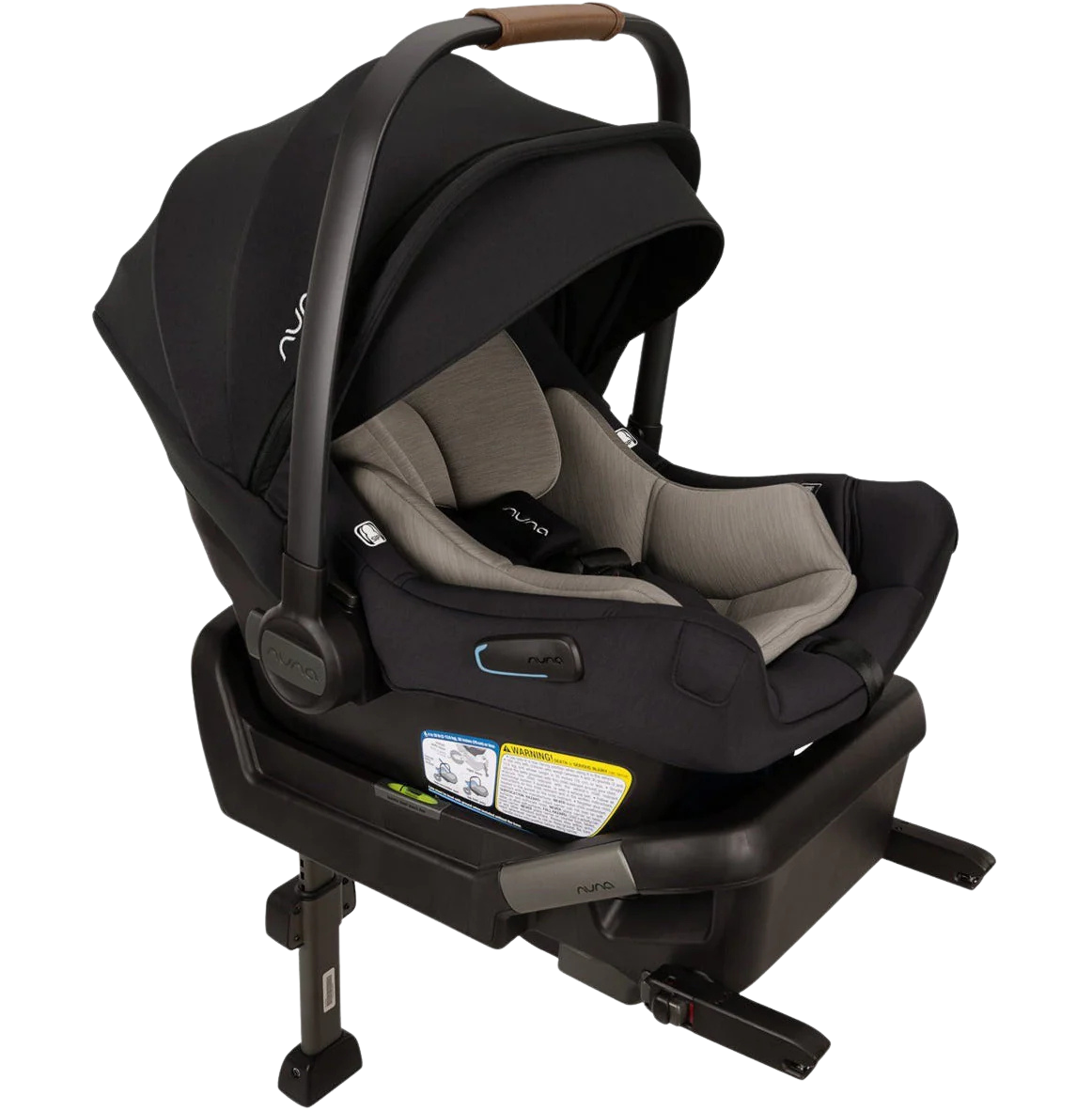 Infant car seat with a black and beige design, mounted on a black base, with a sun canopy attached.