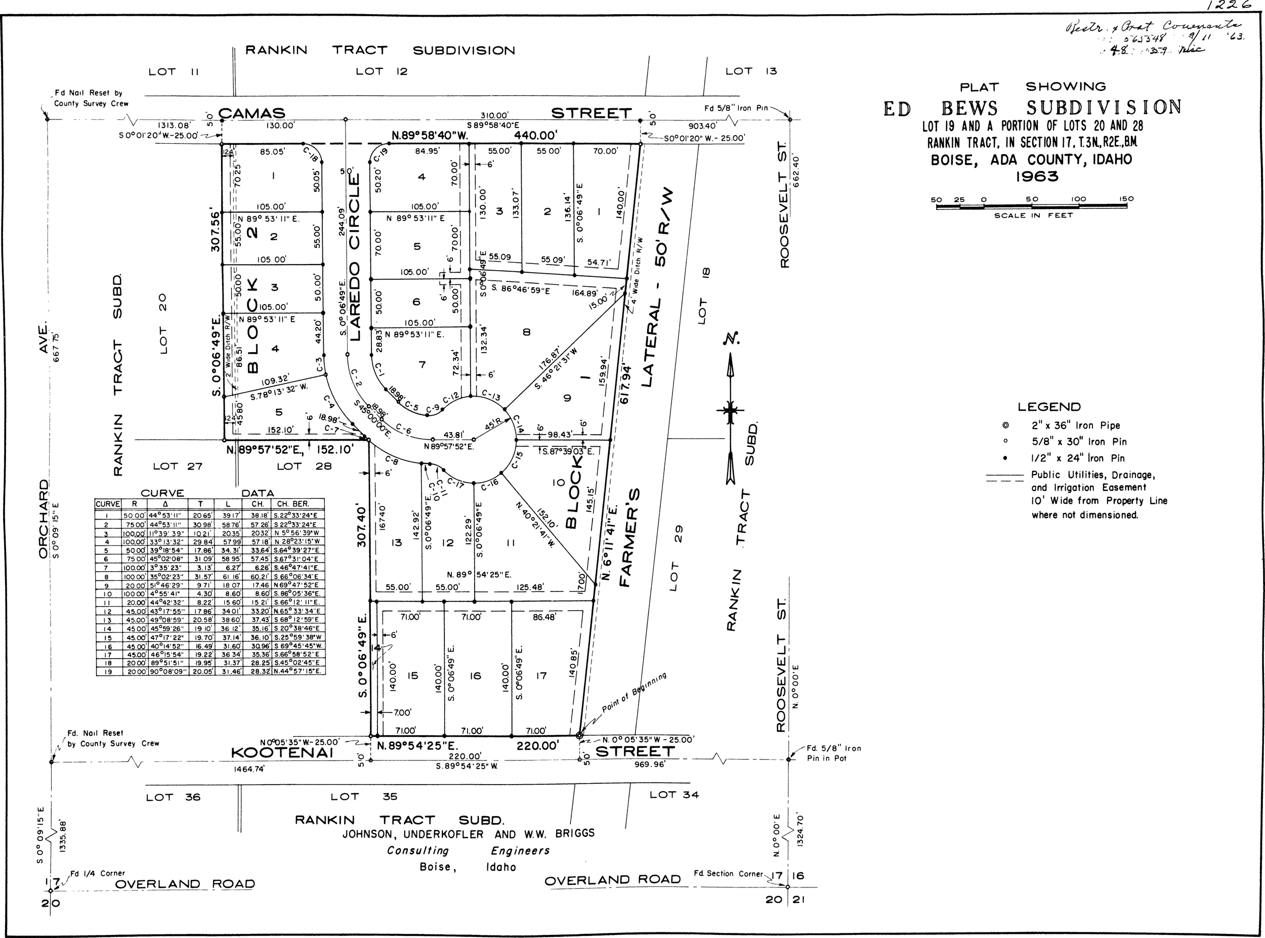 Civil engineering land survey map showing a subdivision plan for Ed Bews Subdivision in Boise, Idaho, with lot boundaries, dimensions, and annotations for streets, lots, and utilities.