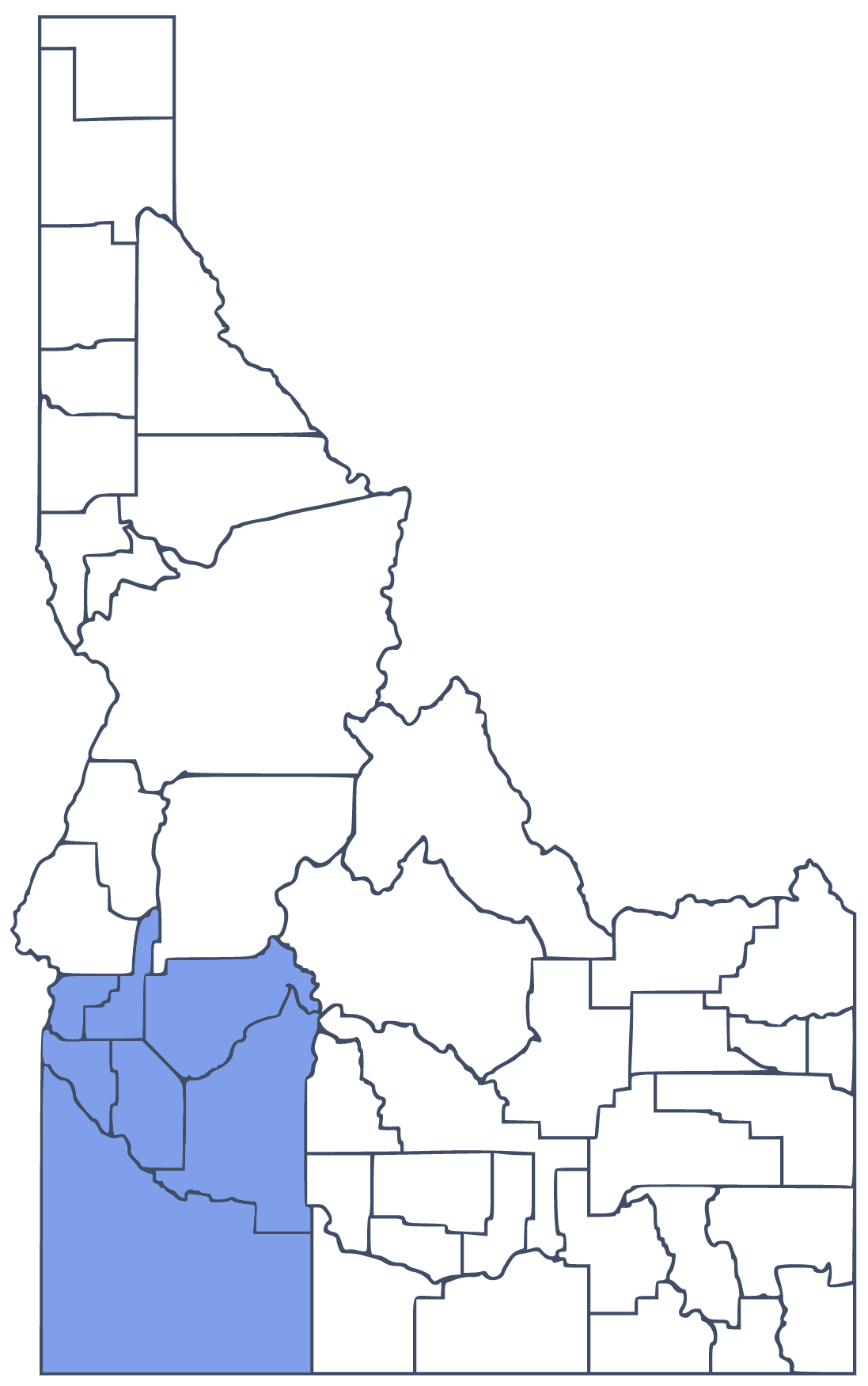 Map of Idaho with counties shaded in blue to indicate those included in grant opportunities with Bews Foundation.
