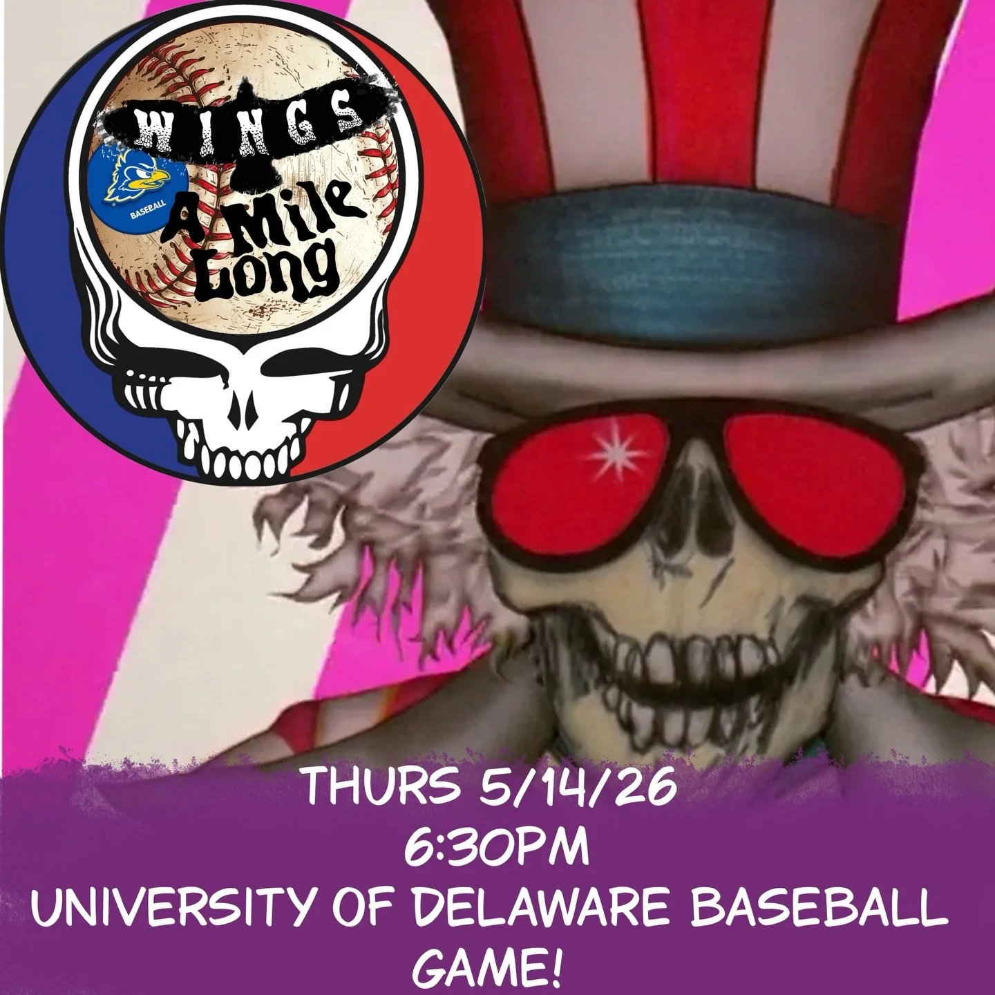 Thursday May 14th we will be jamming before the @delawarebase game, bringing some good &lsquo;ol Grateful Dead to the ball game. We will play an hour before the game begins, join us and share the good vibes 🤙 #udel #baseball #gratefuldead #newarkde