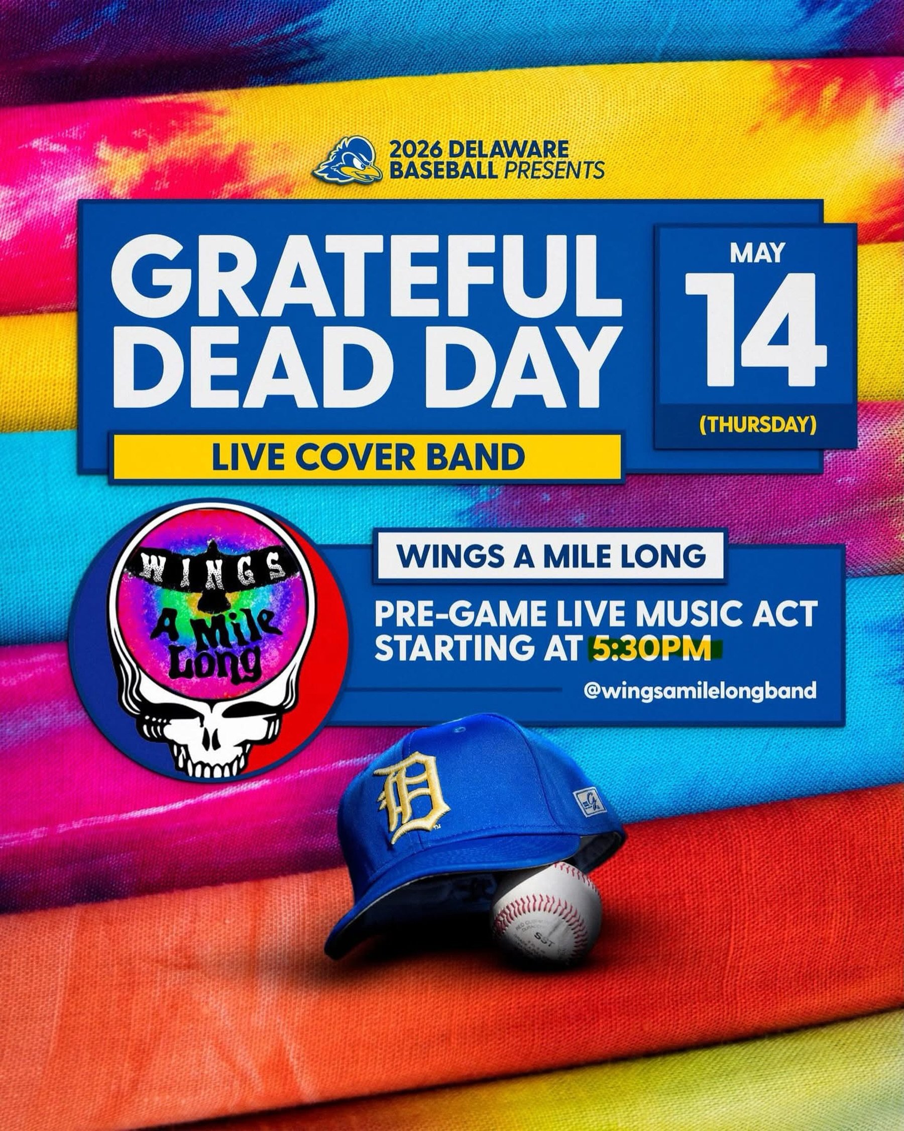 Tomorrow, Thursday May 14th we kick off the @delawarebase game! We will be jamming outside the stadium from 5:30-6:15pm, don&rsquo;t miss it! #gratefuldead #baseball #udel