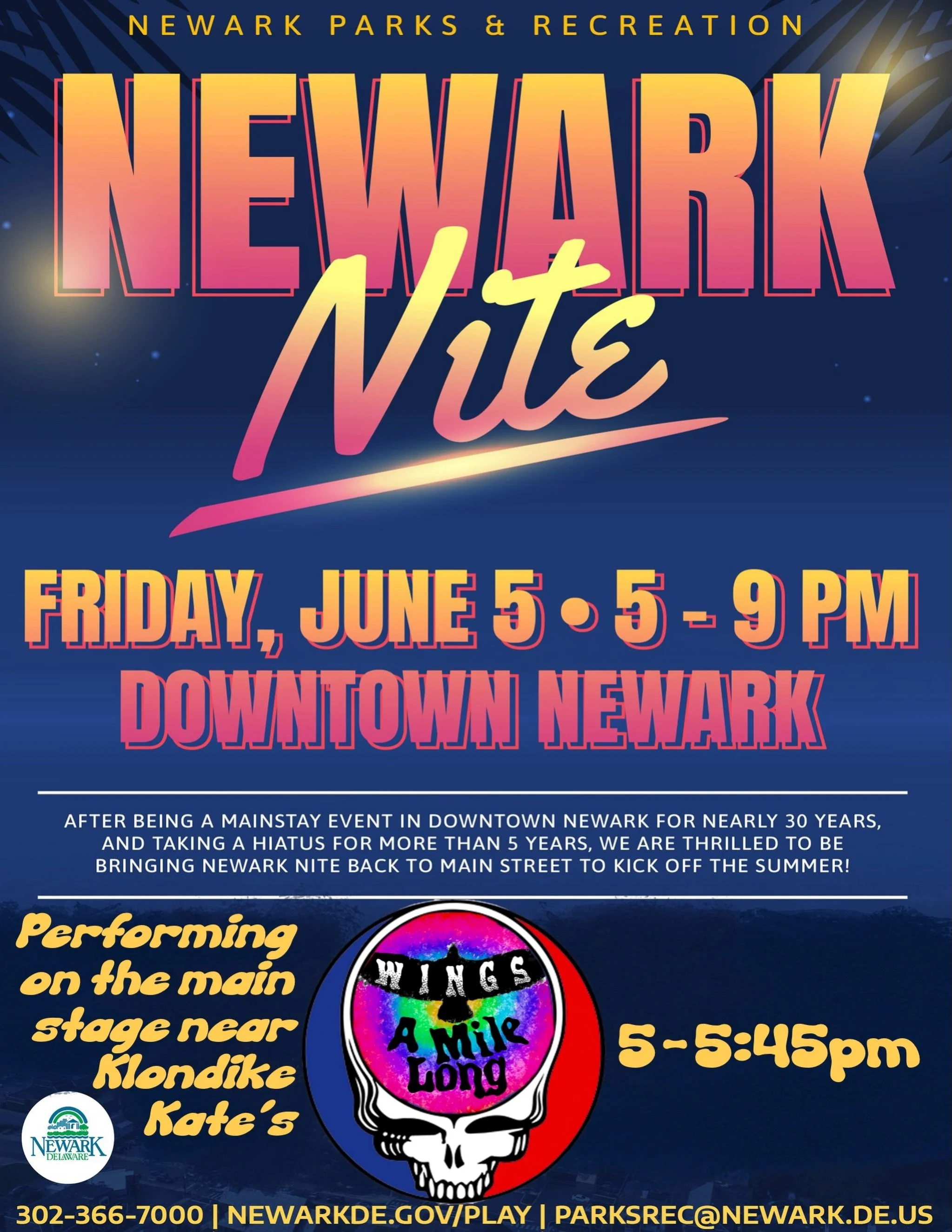 Excited to announce we will be bringing the Dead to Main Street for Newark Nite! Friday June 5th, we will be playing on the main stage near @klondikekates 5-5:45pm. Hope to see you there! #newarkde #livemusic #jamband #gratefuldead
