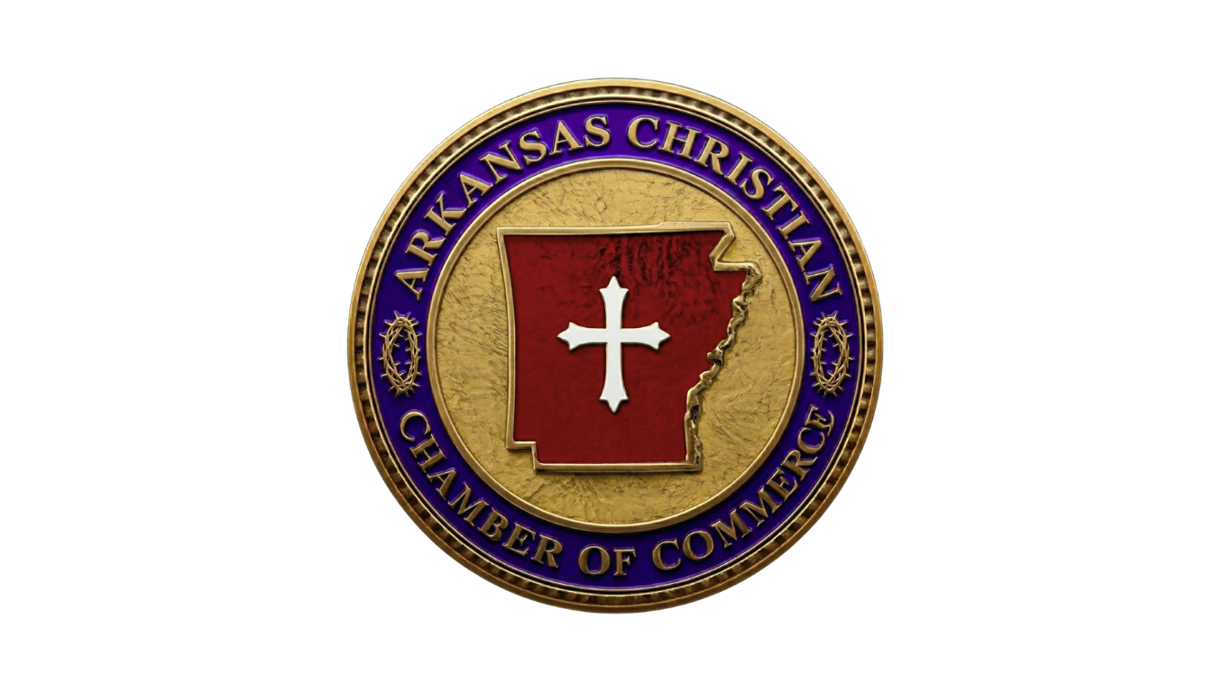 Medal with a gold background, blue border, and red central shape of Arkansas with a white cross, surrounded by the text 'Arkansas Christian Chamber of Commerce'.
