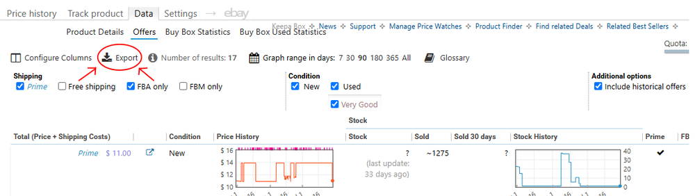 Keepa export button location shown on the product listing page