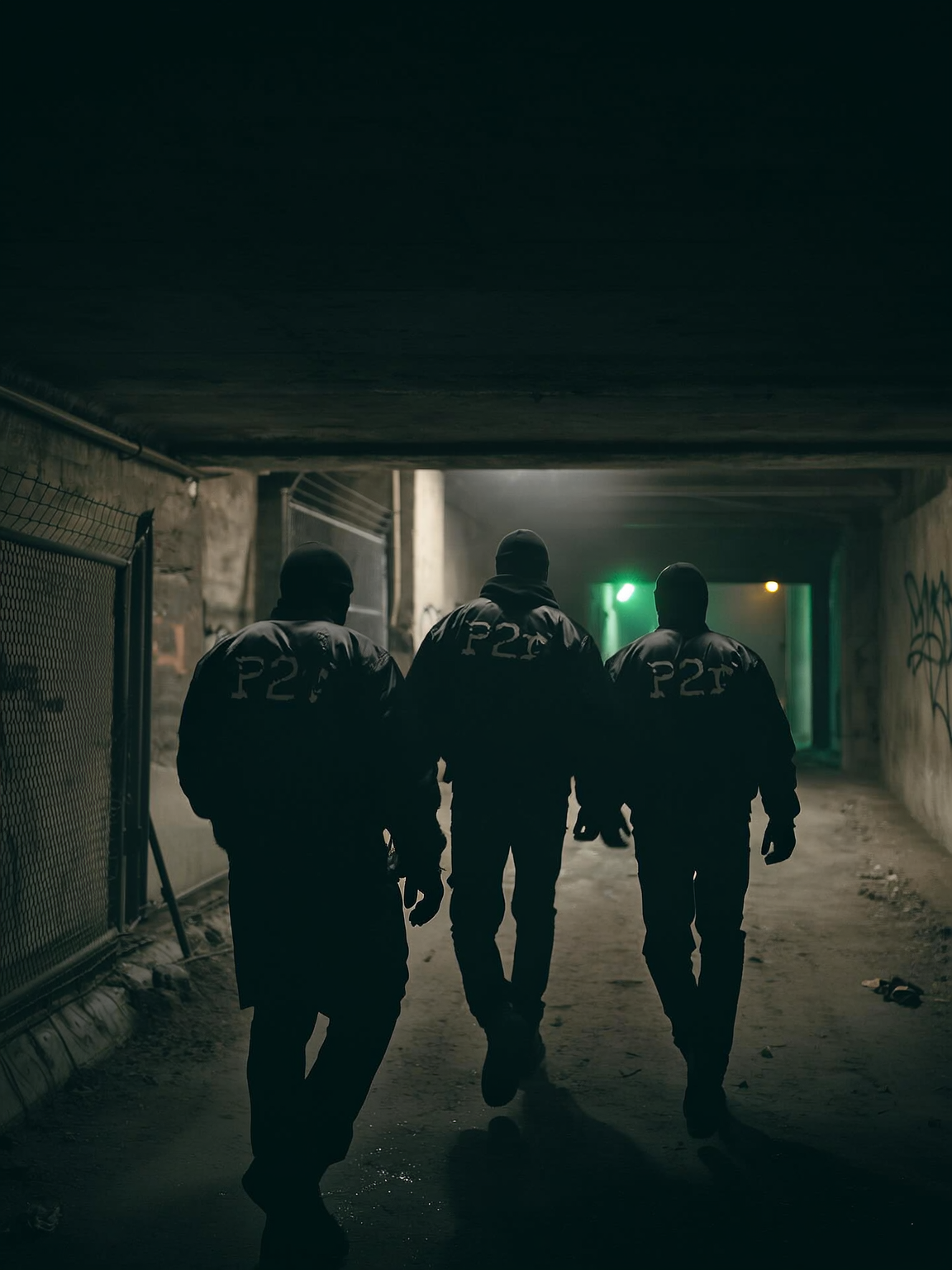 Trois personnes patrouillent dans un tunnel sombre, portant des vestes avec l'inscription 'P2R' sur le dos.