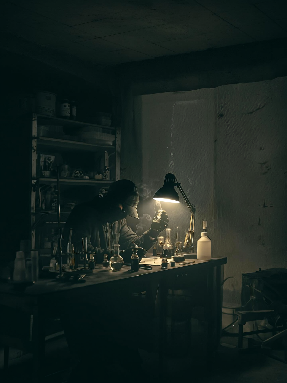 Une personne portant un masque, une casquette et des gants travaille dans un laboratoire sombre, éclairée par une lampe de bureau, entourée de fioles et de récipients chimiques.