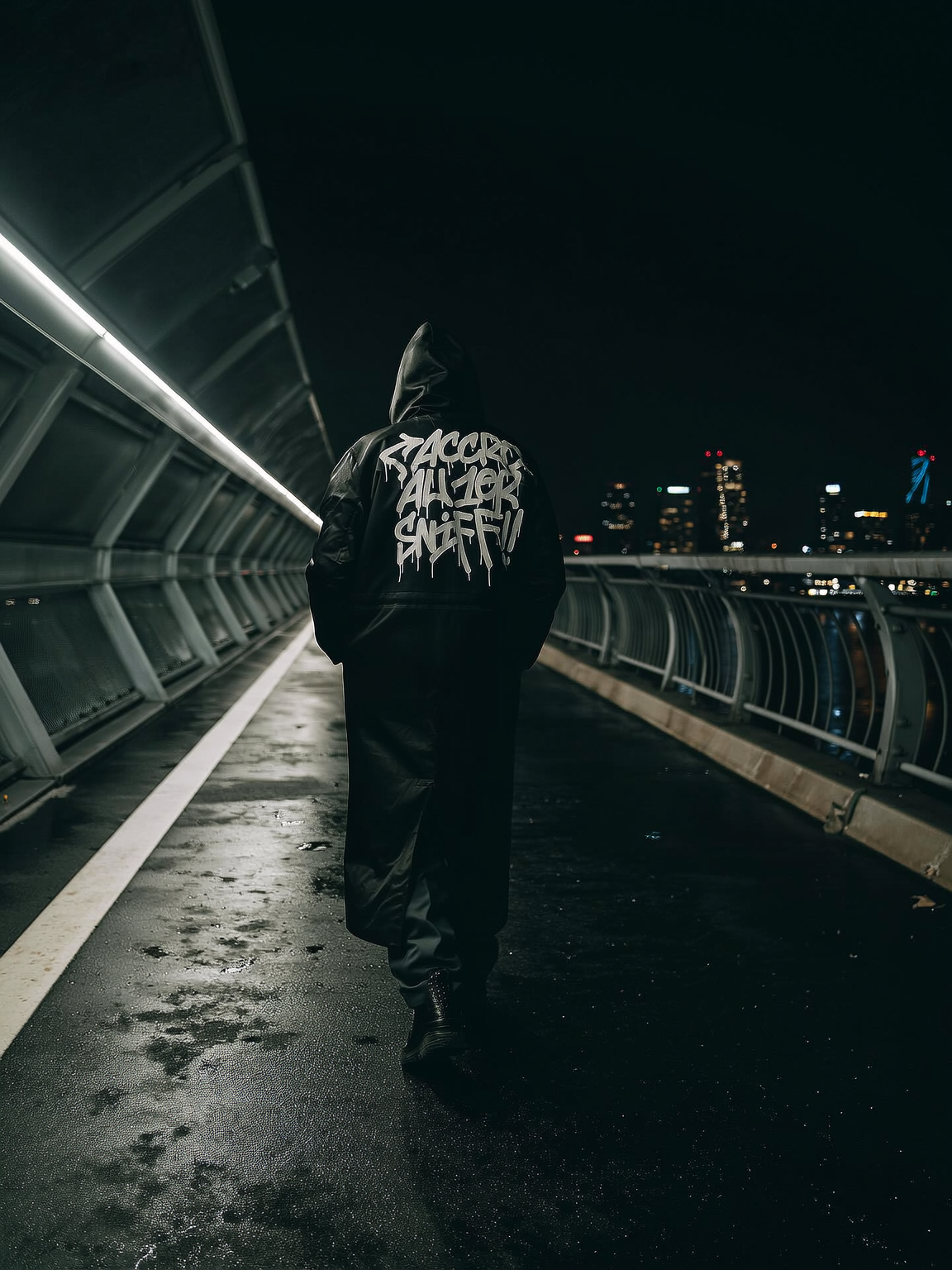 Une personne portant une veste en cuir noire avec une capuche, marchant dans un pont urbain la nuit, avec des silhouettes de gratte-ciel illuminés en arrière-plan.