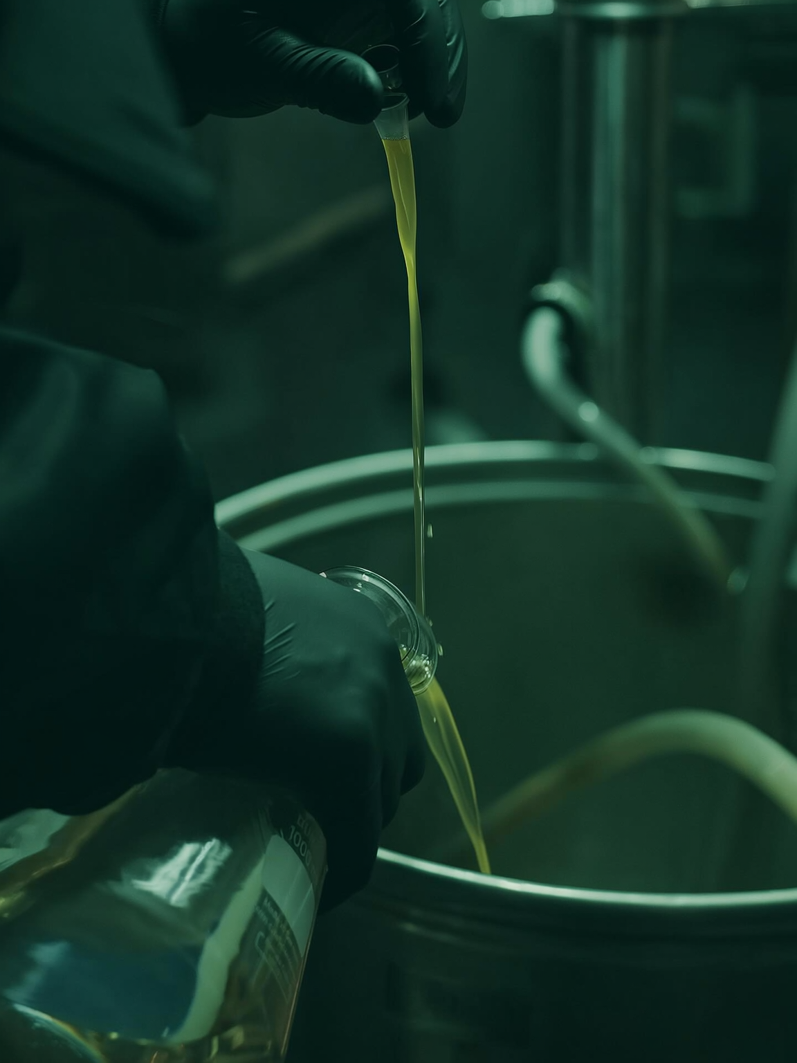Une personne en gants noirs verse un liquide jaune dans un récipient en laboratoire.