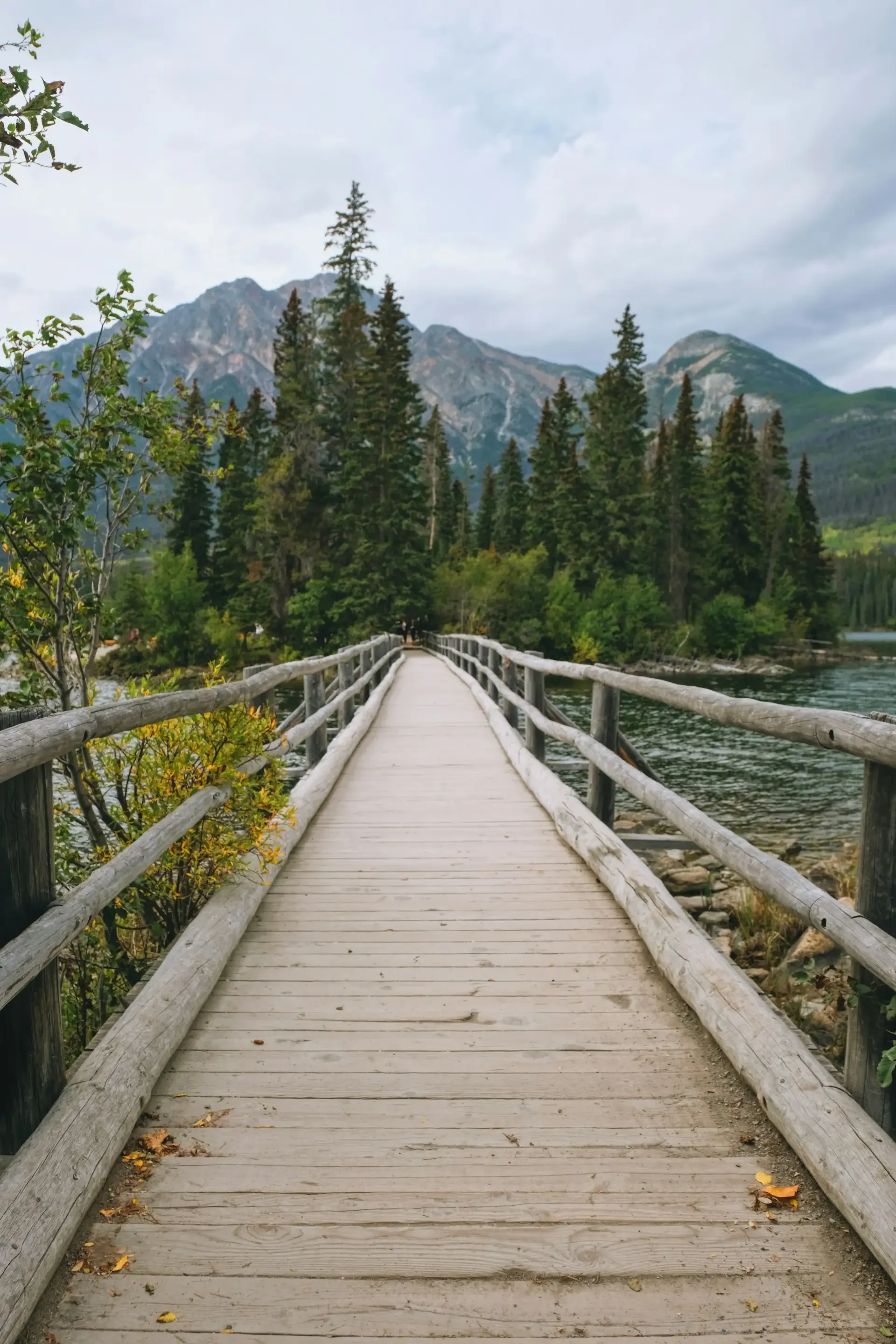 A wooden footbridge over a body of water, with trees and mountains in the background under a cloudy sky. DarrenSoares.com - Momentum Series - A Humans Guide To Healing