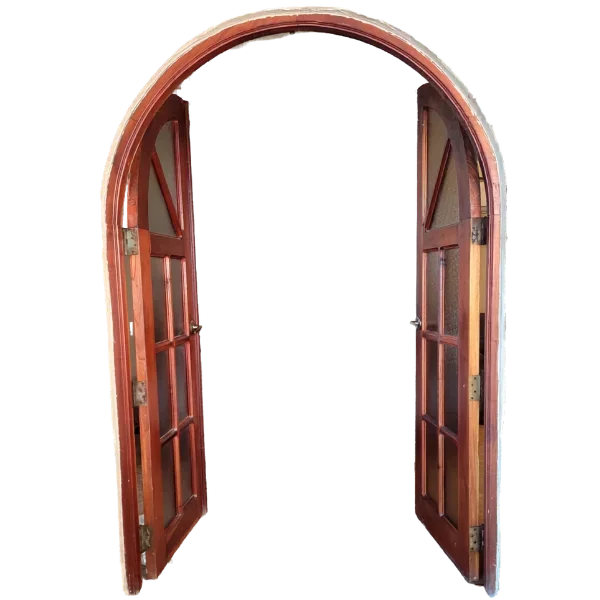 Wooden double doors with frosted glass panels and an arched top, with both doors completely open. DarrenSoares.com - Momentum Series - A Humans Guide To Healing