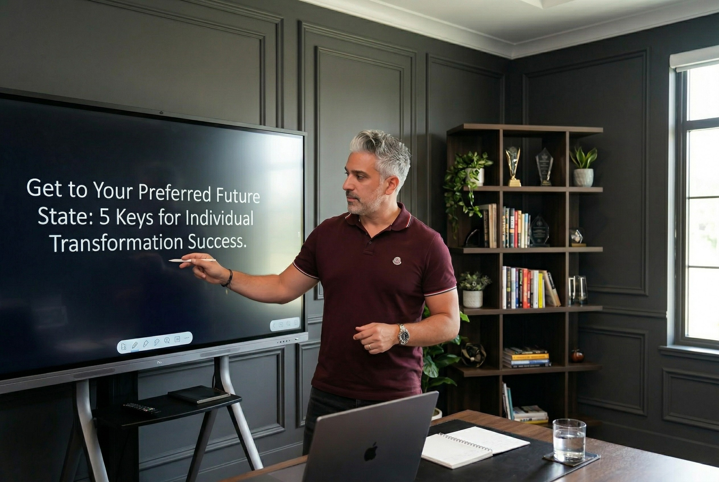 A man with gray hair and a beard, dressed in a burgundy polo shirt, is giving a presentation in a modern, well-lit room. He points to a large digital screen displaying text about achieving a preferred future state. There are bookshelves with books and trophies behind him, and a table with a notebook, a glass of water, and a laptop in front.