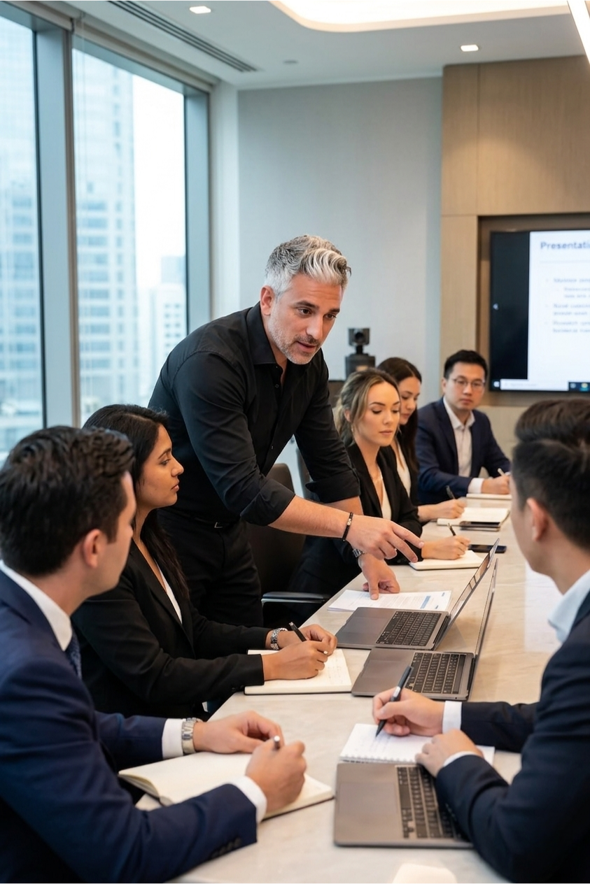 A man in a black shirt leading a business meeting with several attendees in suits, seated at a conference table, in a modern high-rise office with city views.