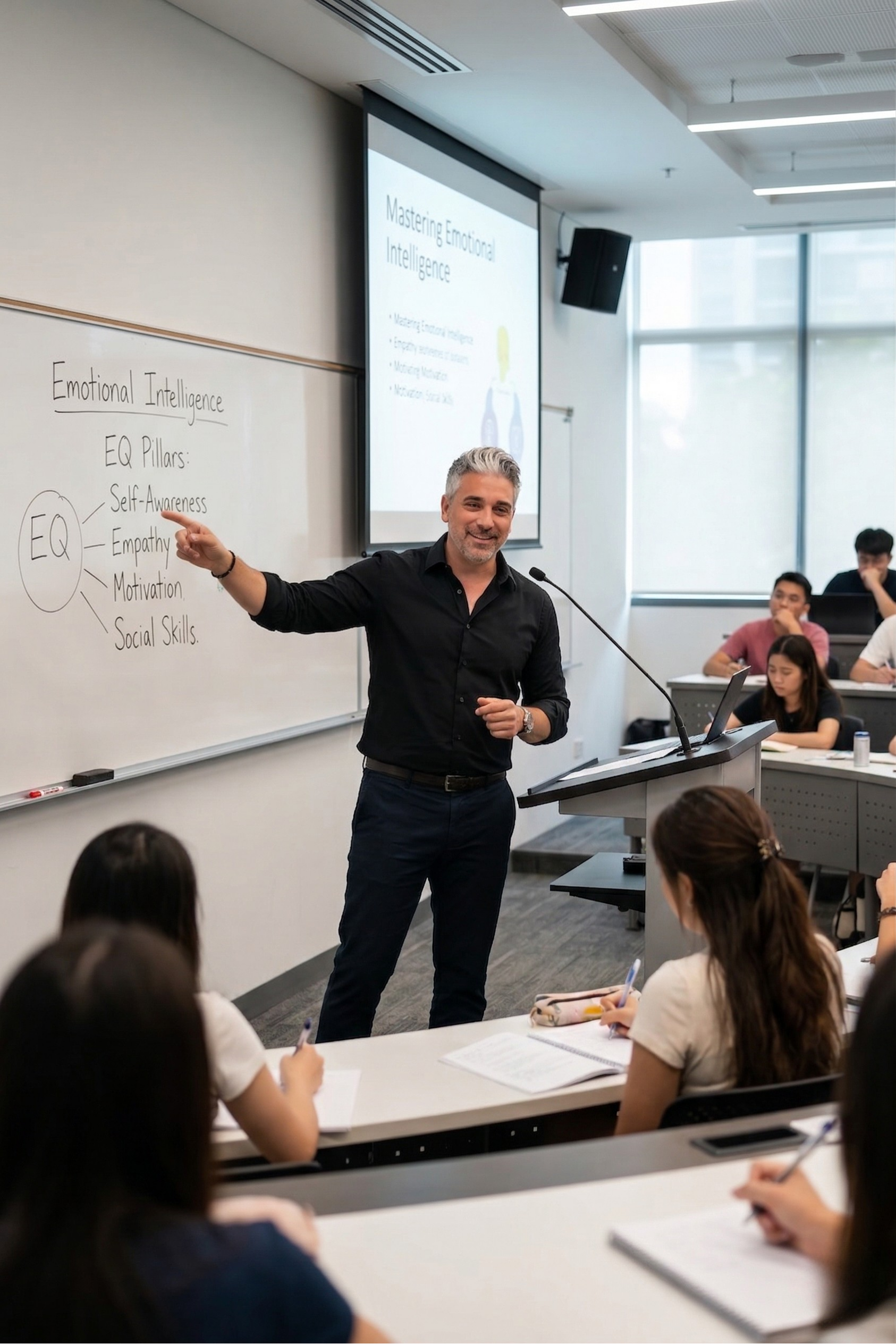 A middle-aged man with gray hair and a beard is giving a presentation in a classroom, pointing to a whiteboard that has notes about Emotional Intelligence and EQ pillars, including self-awareness and empathy. Students are seated at desks, taking notes and listening attentively.