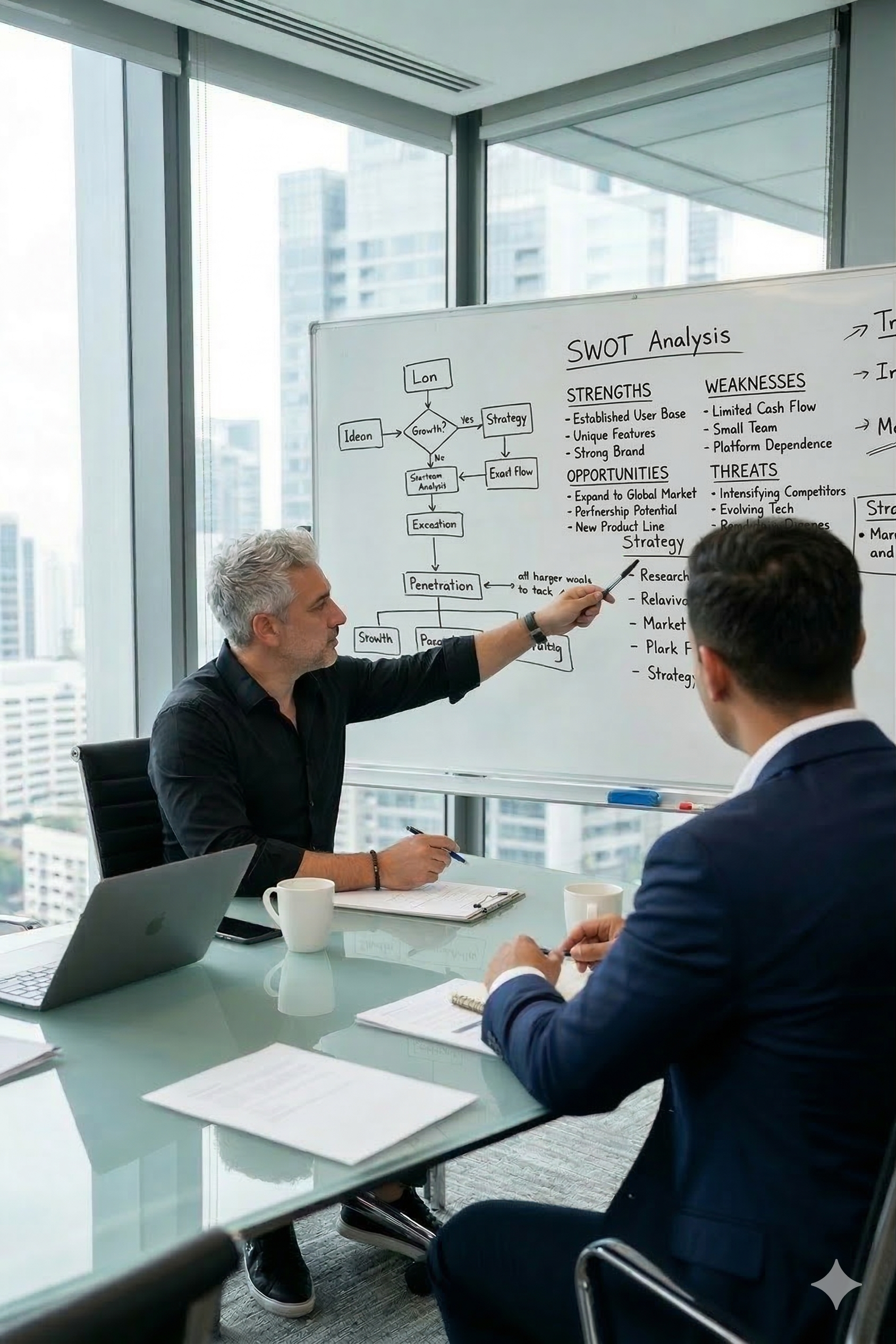 Two men in business attire are seated at a large conference table during a meeting in a modern high-rise office with floor-to-ceiling windows and cityscape view. One man is standing and pointing at a whiteboard with a SWOT analysis diagram, while the other man is listening. The table has laptops, notebooks, a tablet, papers, and coffee mugs.