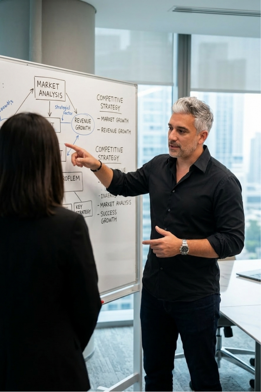 Man with gray hair and a black shirt explaining a flowchart on a whiteboard to a woman in a black blazer in a modern office with large windows.