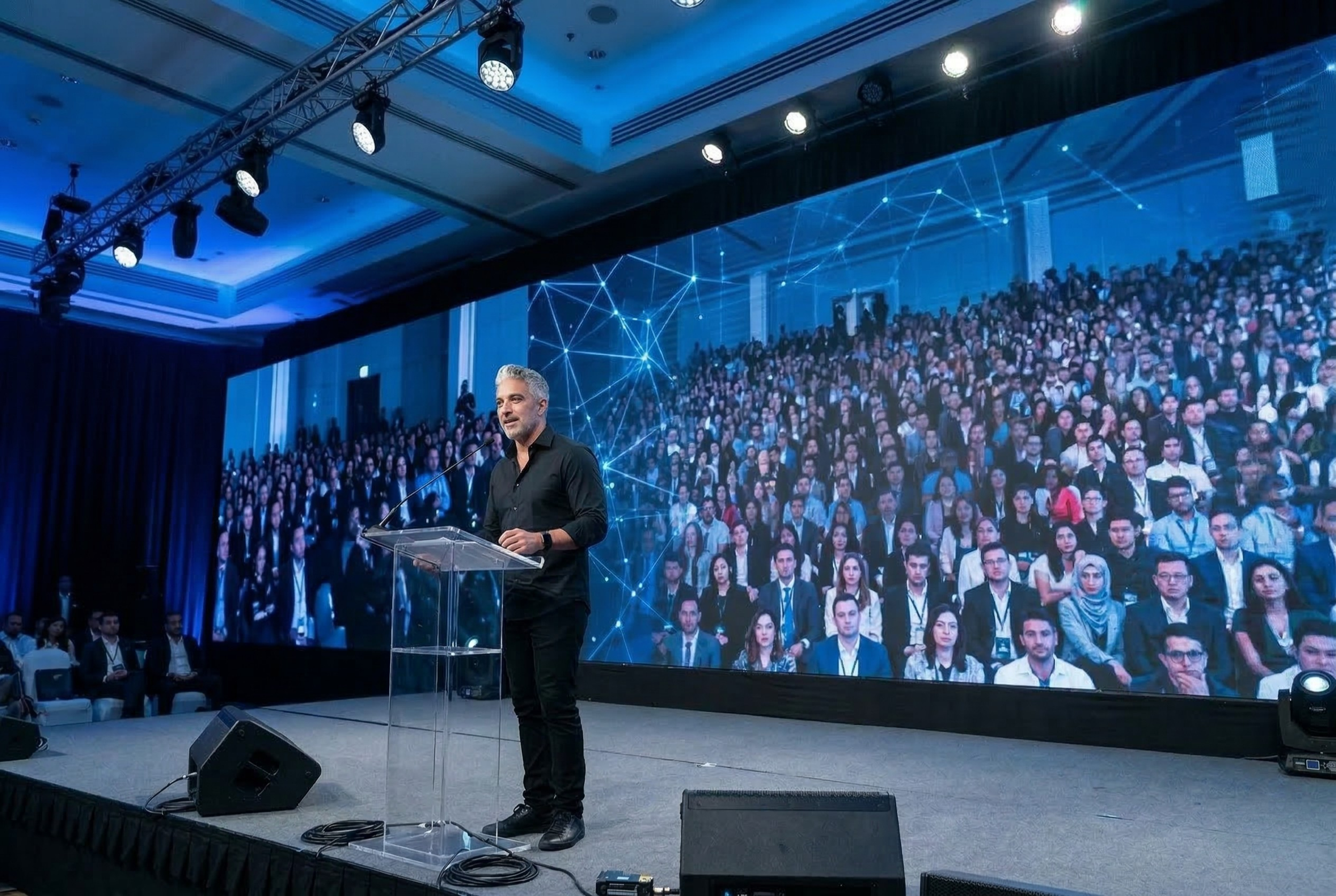 A speaker standing on stage with a microphone, addressing a large audience at a conference or seminar, with a large screen behind displaying multiple attendees.