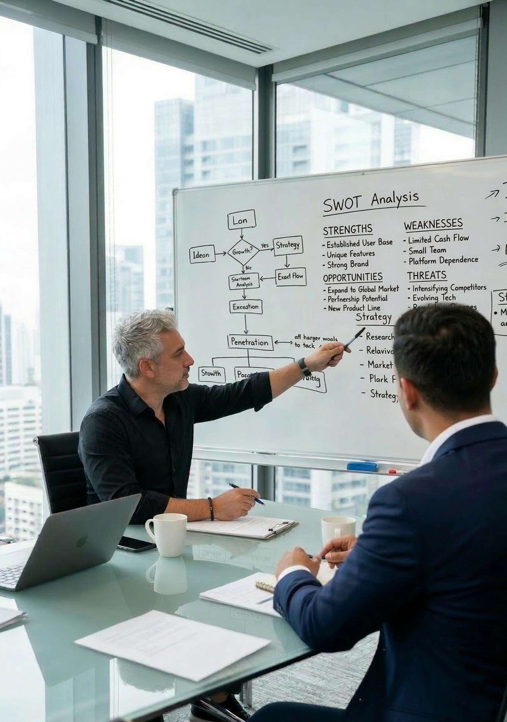 A man with gray curly hair and a beard presents a SWOT analysis on a whiteboard to two other men, one in a suit with glasses and the other not fully visible, in a high-rise office with large windows showing a cityscape.