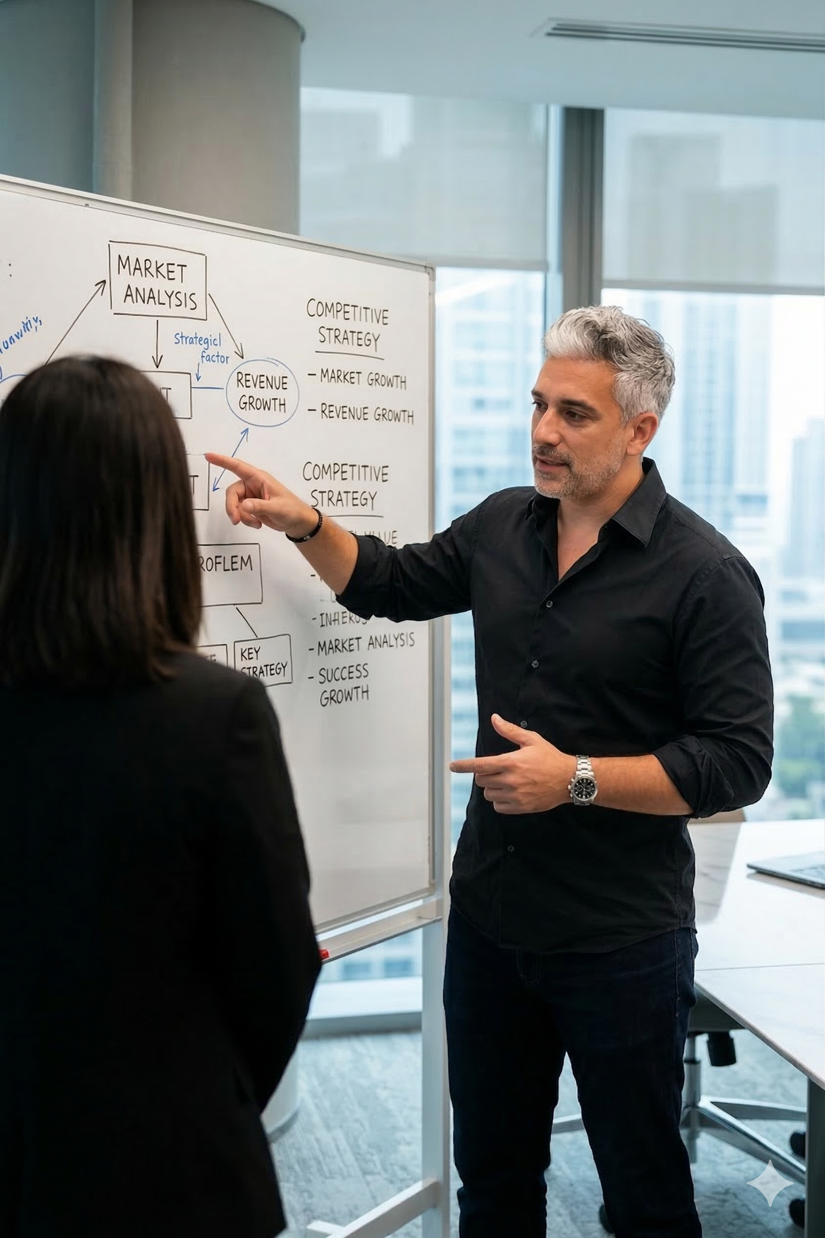 A business presentation in a modern office with a whiteboard showing a diagram about market analysis and strategic planning. The man is explaining the content to a woman, both dressed in business attire.