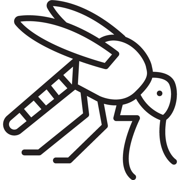 Minimalist black outline of a mosquito with wings, six legs, and a long proboscis.