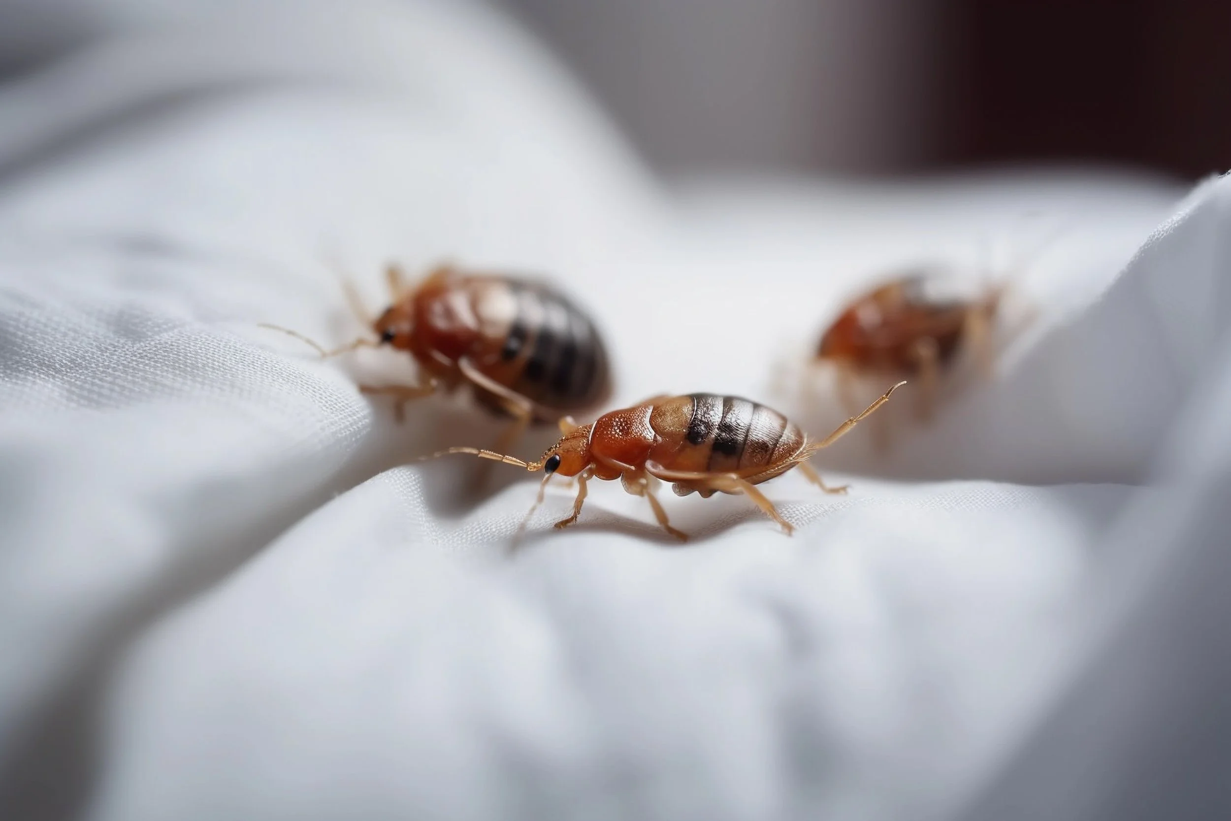 Close-up of three cockroaches on white fabric.