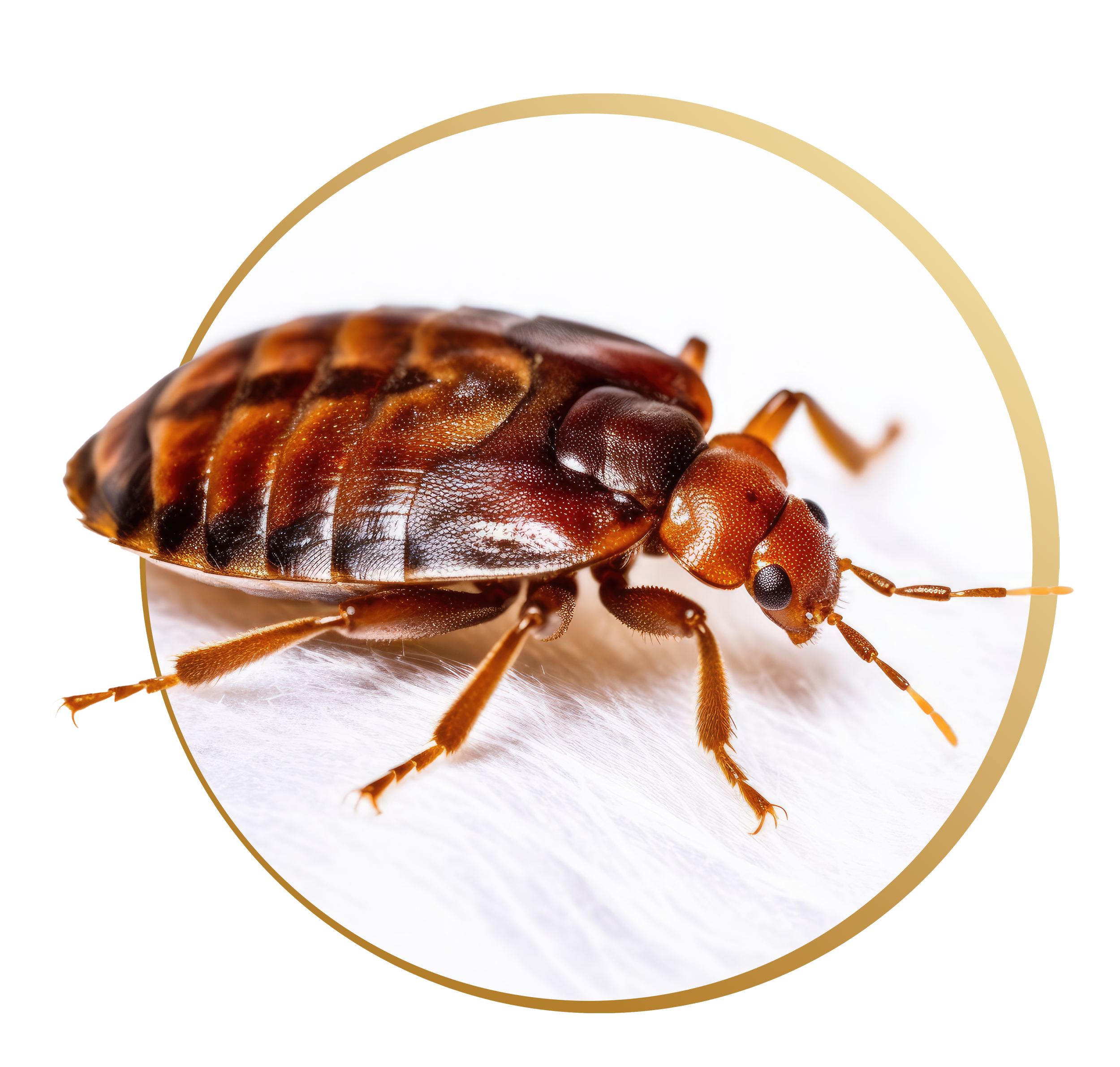 Close-up of a cockroach with a shiny, segmented brown body and long antennae on a white surface.