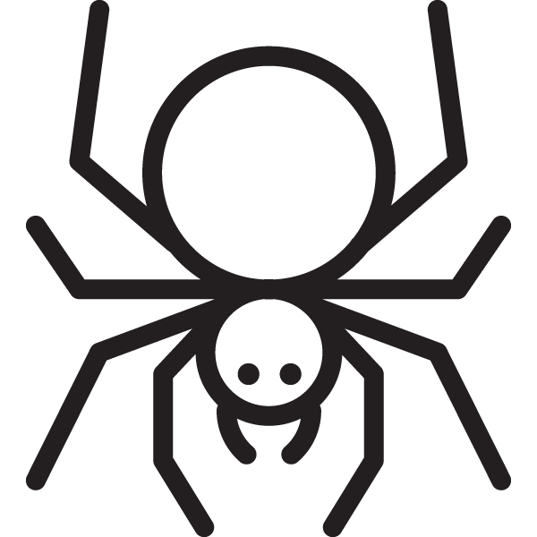 A black spider outlined in black with six legs, a round body, and a small head.