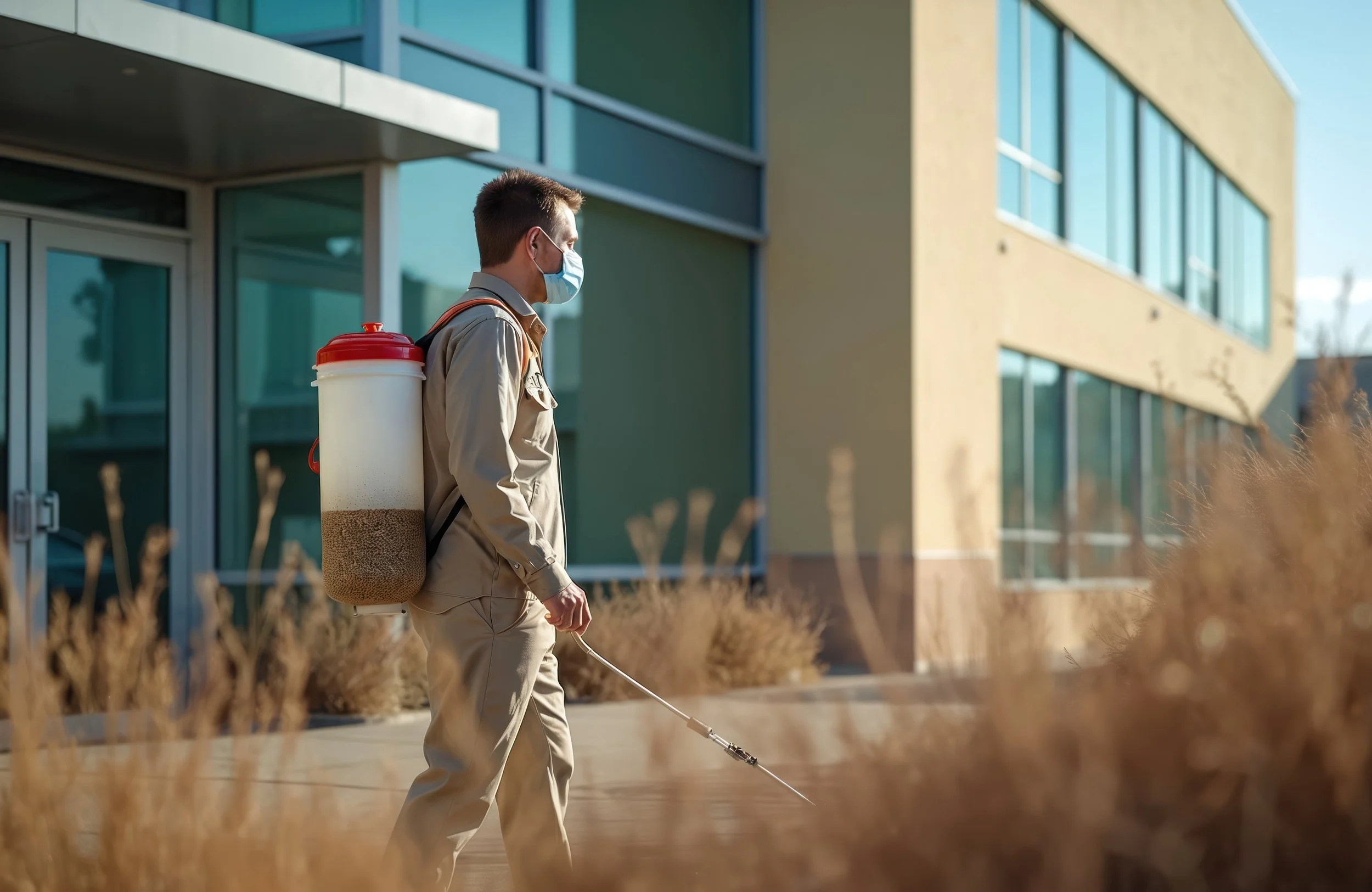 A man wearing a face mask and khaki clothing carries a backpack sprayer while spraying an outdoor area near a modern building with large windows.
