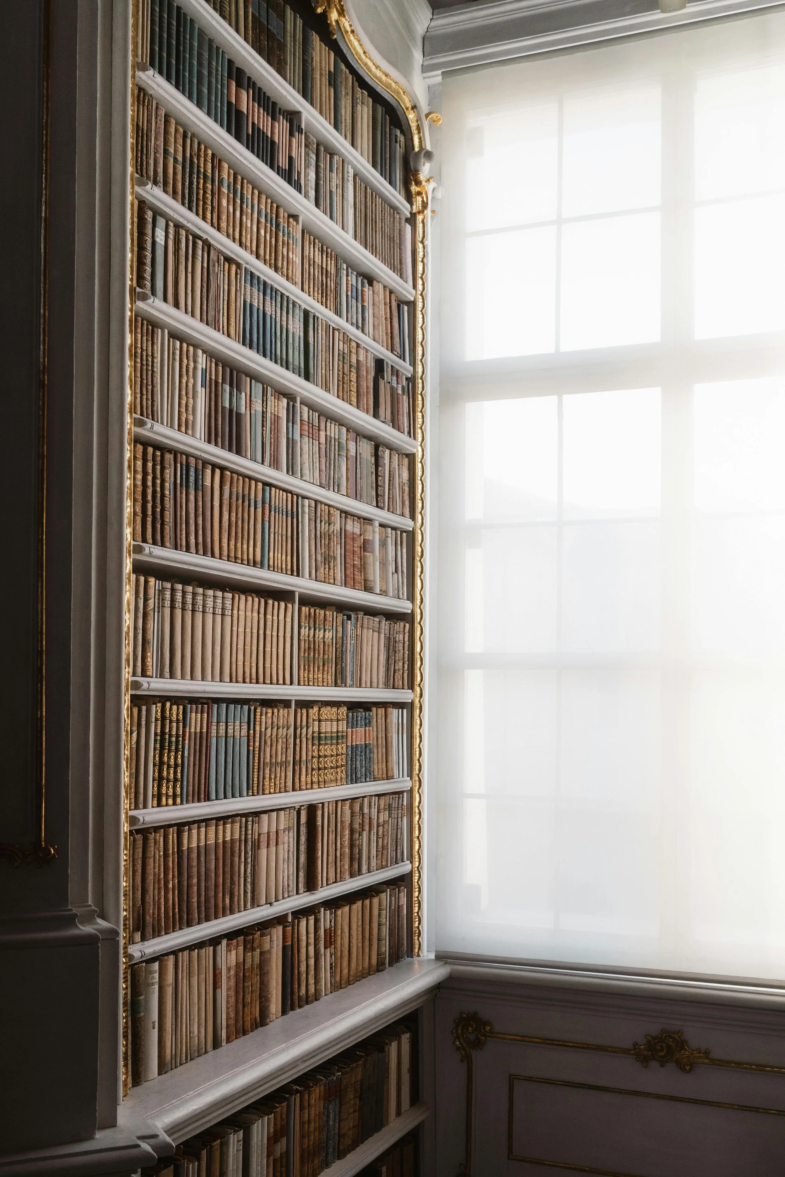 Tall bookshelf filled with old, leather-bound books next to a large window with sheer white curtains in an ornate room.